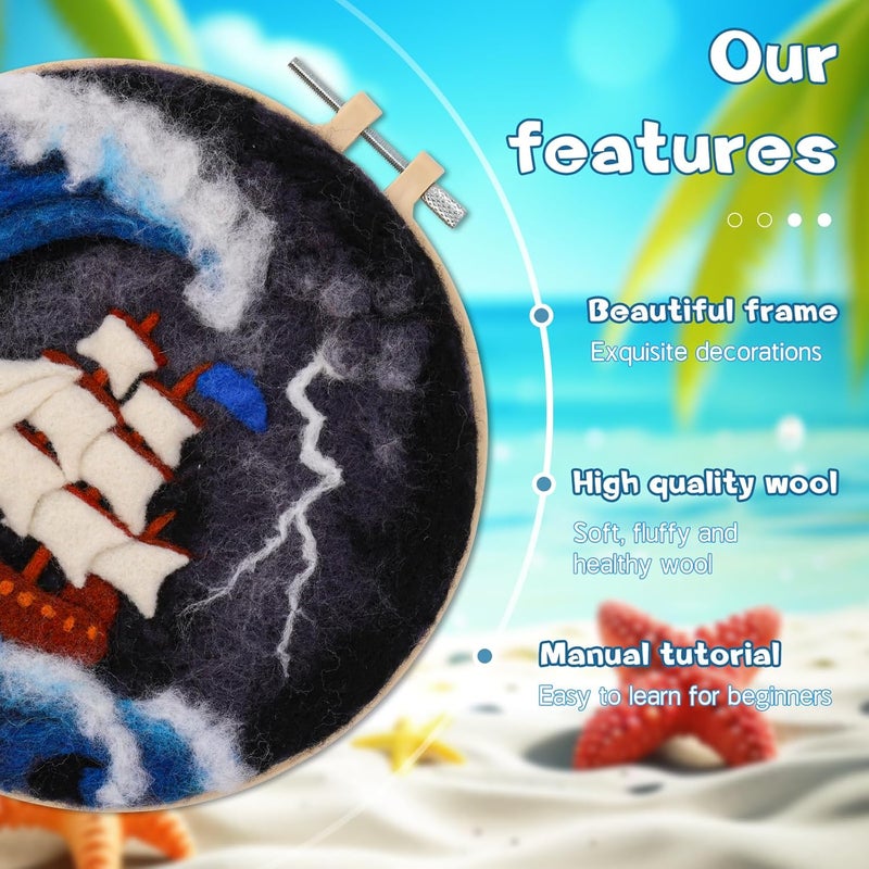QMNNMA Needle Felting Kits, Wool Felting Kit with Picture Frame, Foam Pad, Felt Cloth, and Instructions, Needle Felt Painting Kit for Home Decoration (Sea Waves and Sailboats) - Image 3
